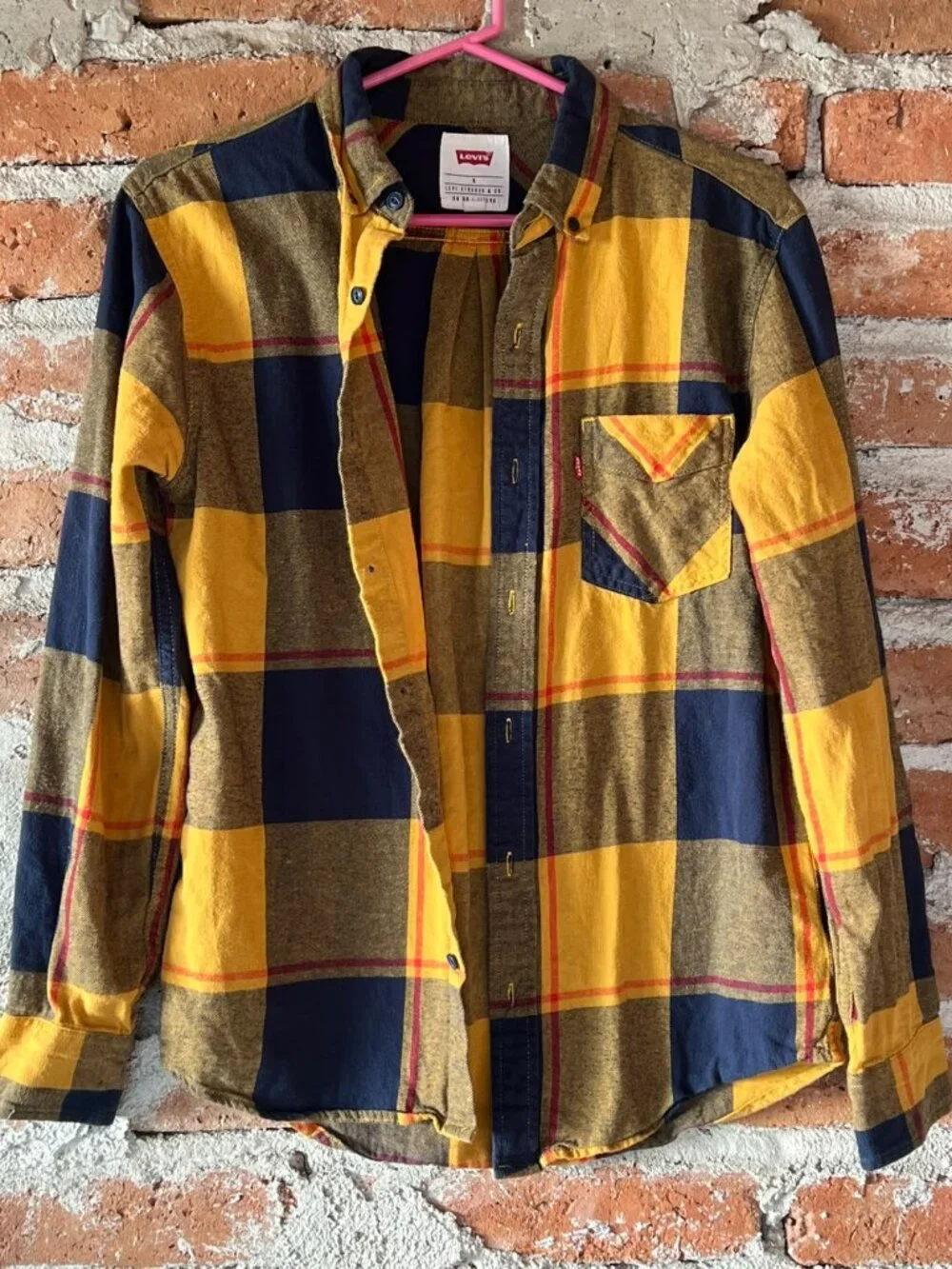 Levi's Yellow & Navy Blue Plaid Long Sleeve Flannel Button Down Shirt Small